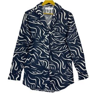 Desmond & Dempsey Long Sleeve Pajama Top Swirly Print Size S Blue White Lounge